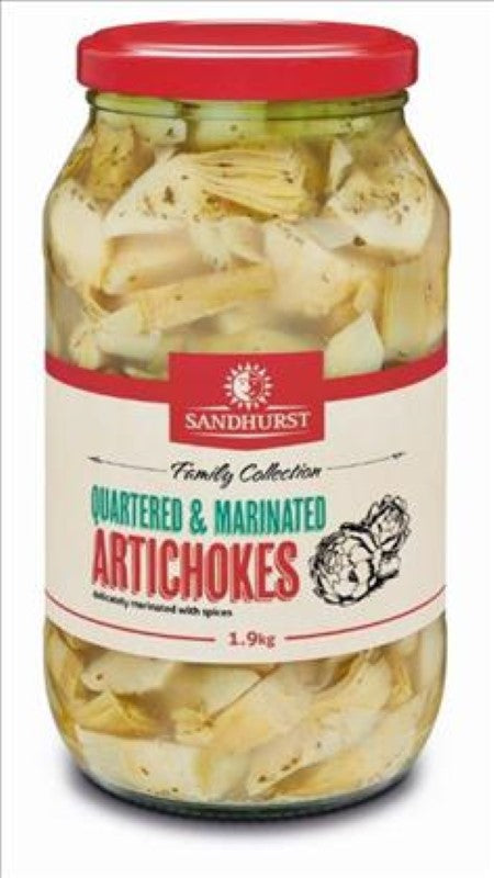 Marinated quartered artichoke hearts in a 1.9KG pack, perfect for gourmet dishes and Mediterranean cuisine.