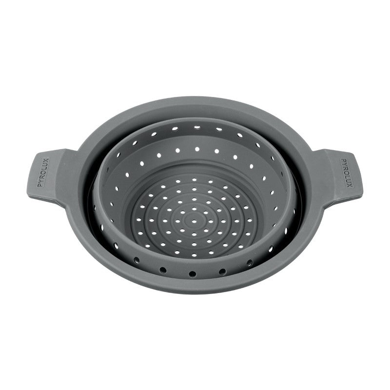 Versatile Pyrolux Silicone Colander (16-20cm) for straining, steaming, and safe handling of hot foods, BPA-free and dishwasher safe.