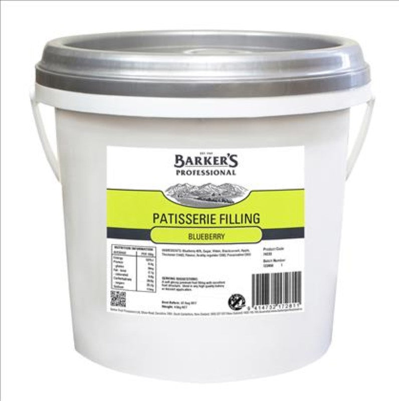 Premium blueberry filling in a 4.5KG pack, perfect for pastries and desserts, made in New Zealand by Barkers.