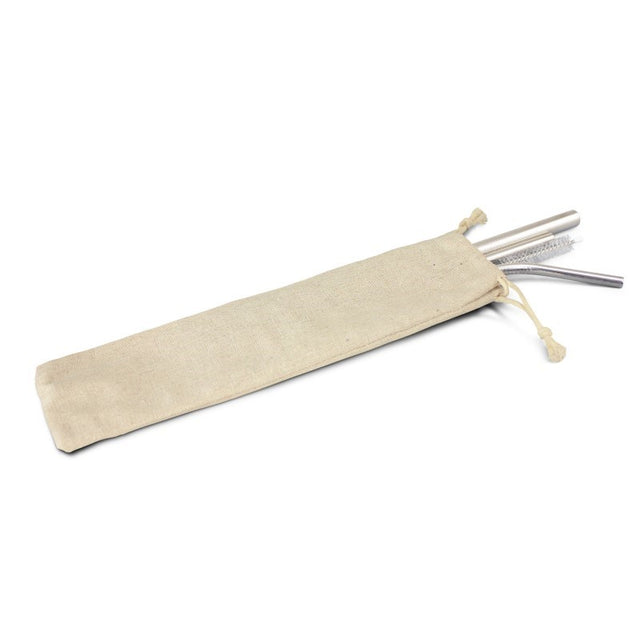 Set of three reusable stainless steel straws in a cotton bag, ideal for eco-friendly sipping and reducing plastic waste.