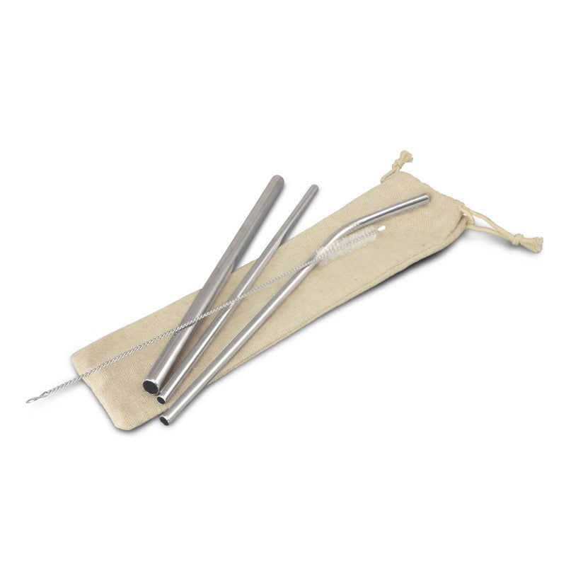 Set of three reusable stainless steel straws in a cotton bag, perfect for eco-friendly sipping and stylish drinks.