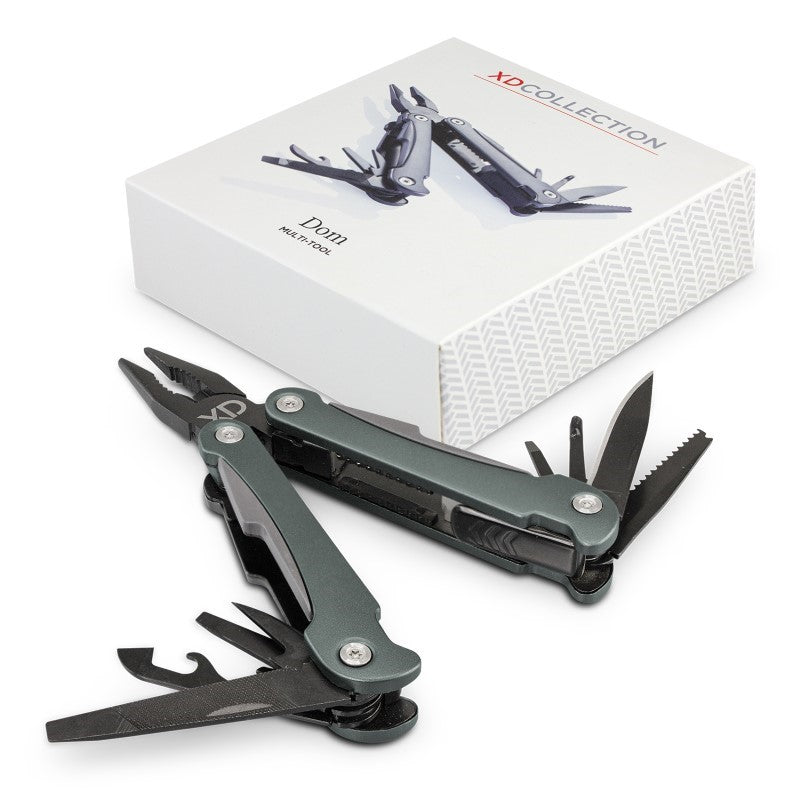 Sleek Black/Grey multi-tool featuring 11 functions, spring-loaded pliers, safety locks, and comes in a premium gift box.