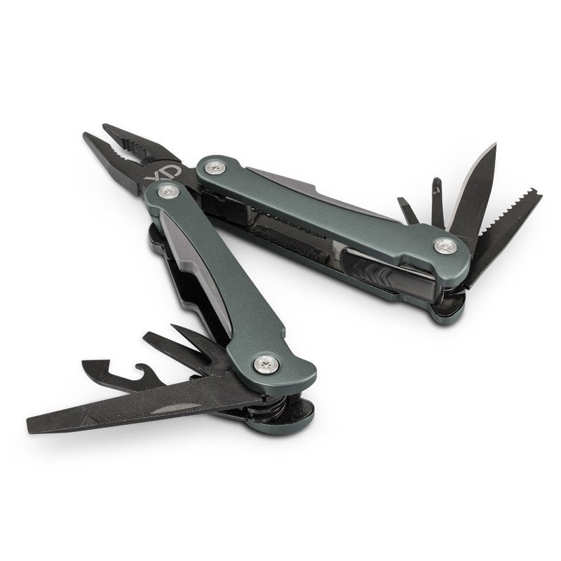 Multi Tool Dom in black/grey, featuring 11 functions, spring-loaded pliers, and a sleek design for adventurers and DIYers.