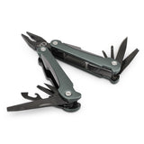 Multi Tool Dom in black/grey, featuring 11 functions, spring-loaded pliers, and a sleek design for adventurers and DIYers.