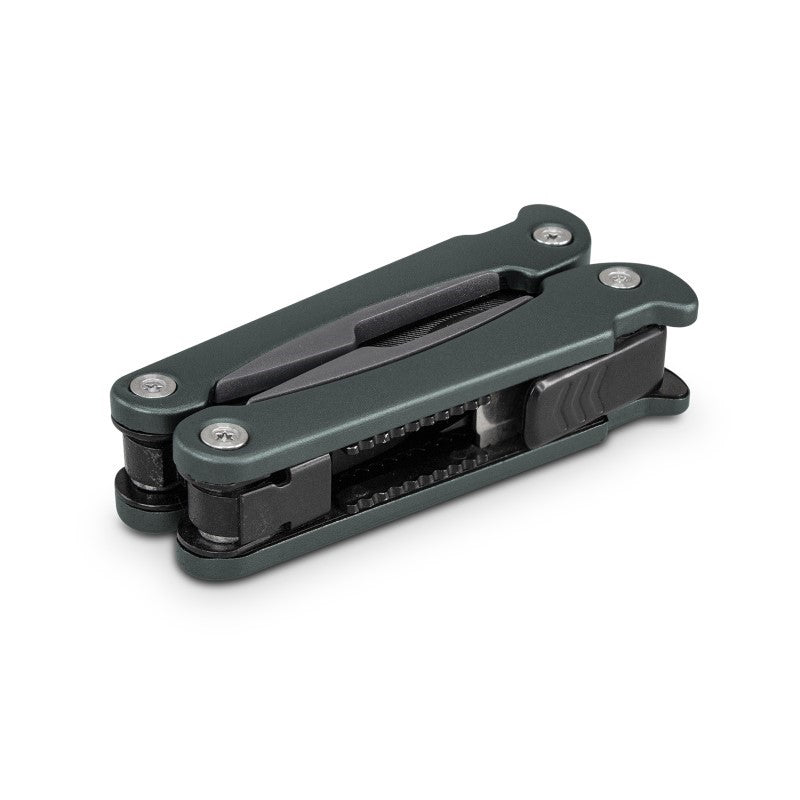 Multi Tool Dom in Black/Grey, featuring 11 functions, spring-loaded pliers, and a stylish, lightweight design for adventurers.