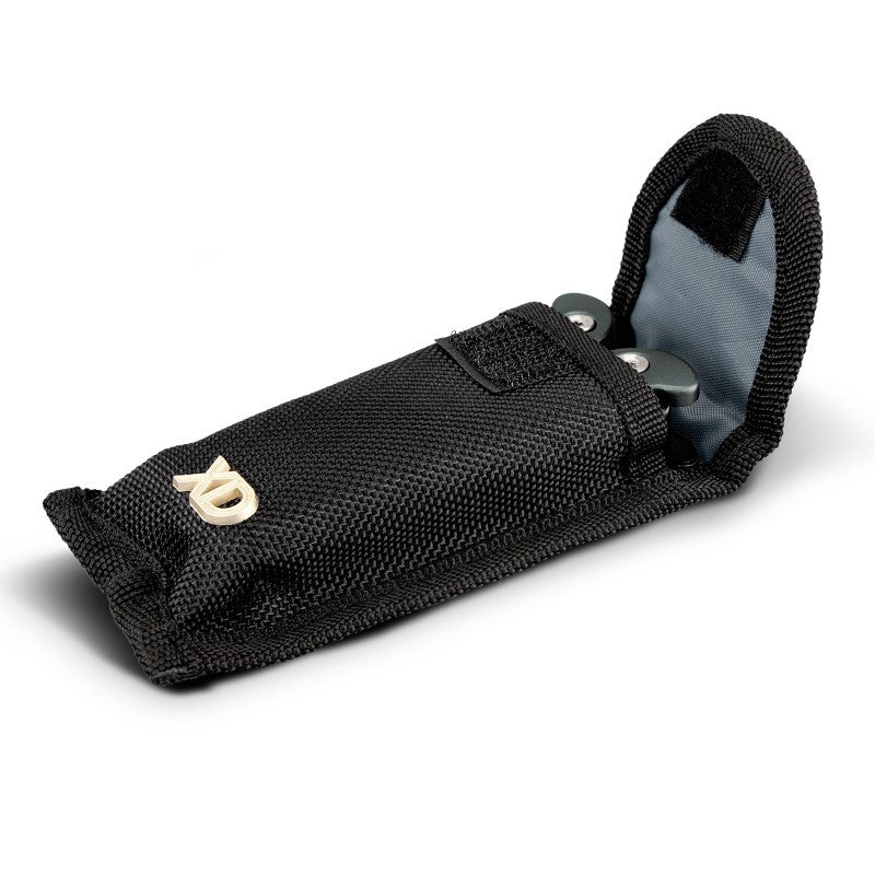 Sleek Black/Grey Dom Multi Tool featuring 11 functions, including pliers and wire cutters, packaged in a premium gift box.
