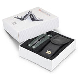 Sleek black/grey Dom Multi Tool with 11 functions, including pliers and wire cutters, packaged in a premium XD gift box.