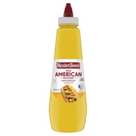 A 920ml squeeze bottle of MasterFoods American Mild Mustard, ideal for enhancing burgers and sandwiches with tangy flavor.