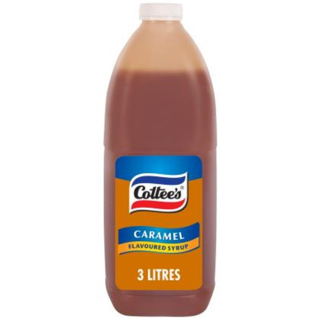 3L bottle of Cottee's caramel syrup, ideal for desserts and milkshakes with rich toffee flavor from New Zealand.