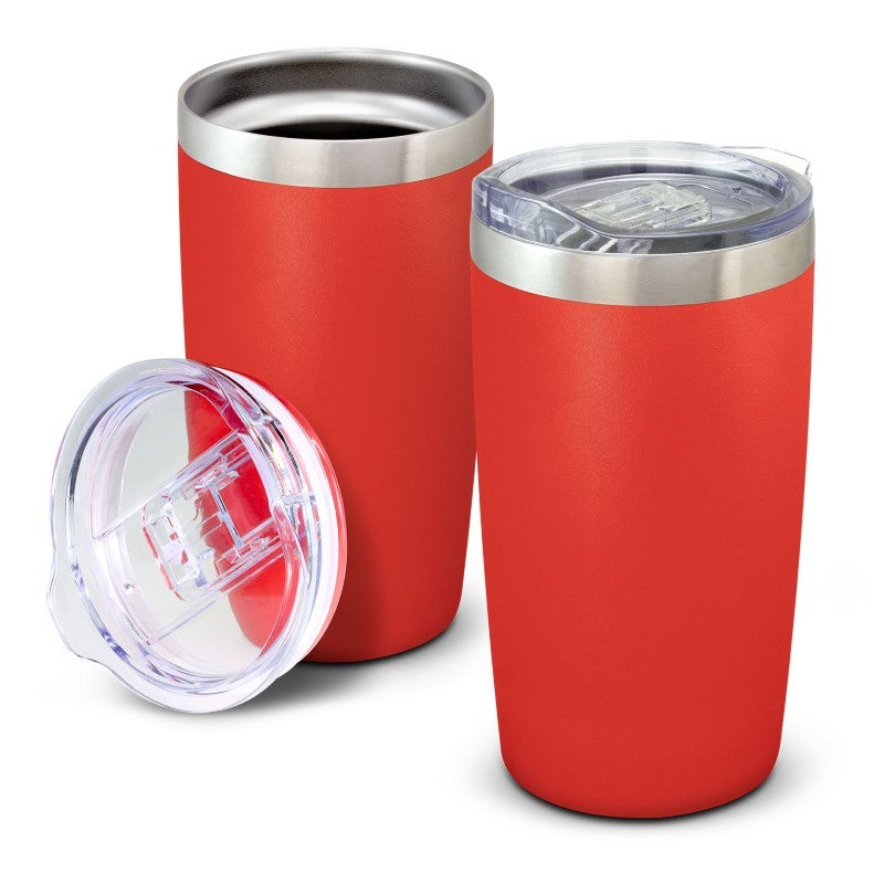 Red 600ml Prodigy Vacuum Cup with double-wall insulation, secure lid, and durable powder-coated finish for hot and cold drinks.