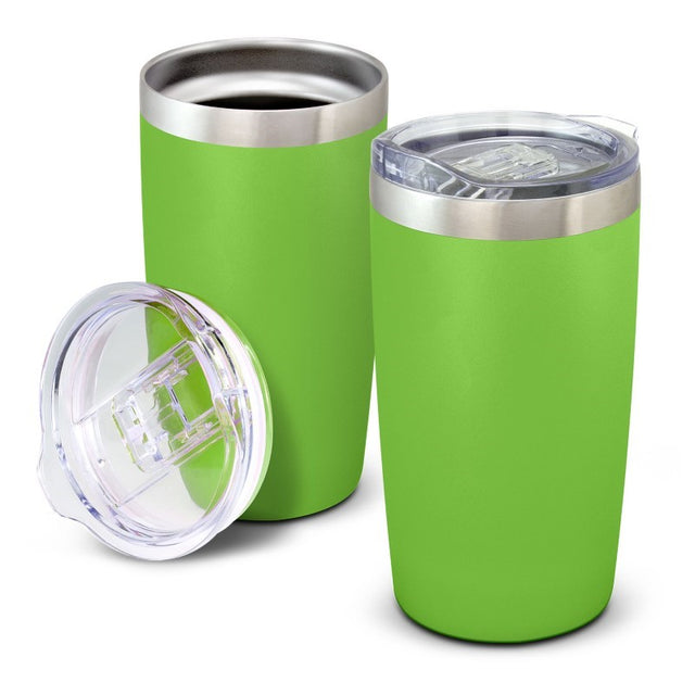 Bright green 600ml vacuum insulated stainless steel cup with a sliding lid for hot or cold drinks, presented in a black gift box.