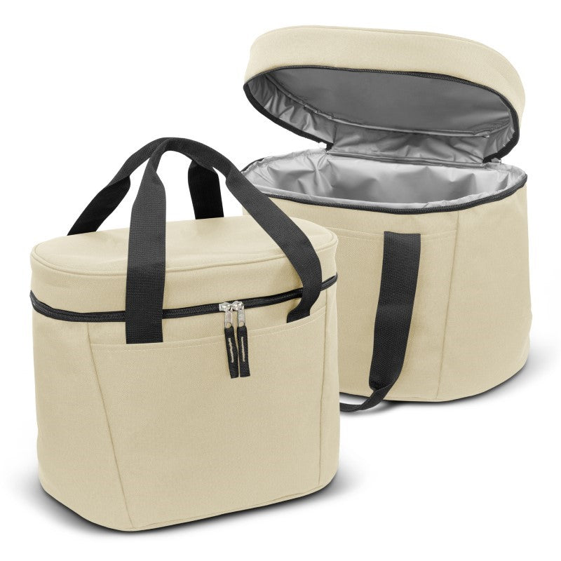 Natural-colored 20L cooler bag made of durable 600D polyester, featuring PE foam insulation and water-resistant liner.