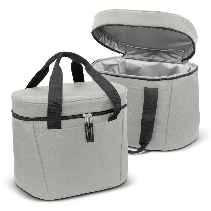 Grey 20L cooler bag with durable 600D polyester, PE foam insulation, zippered closure, and convenient carry handles.