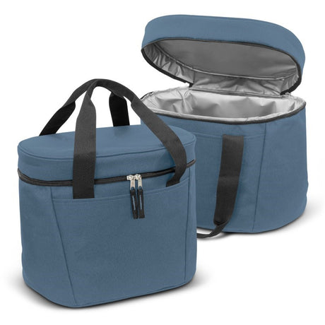 Slate blue 20L cooler bag with durable 600D polyester, zip closure, water-resistant liner, and woven carry handles.