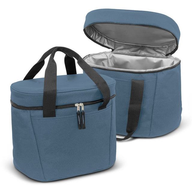 Slate blue 20L cooler bag with durable 600D polyester, zip closure, water-resistant liner, and woven carry handles.