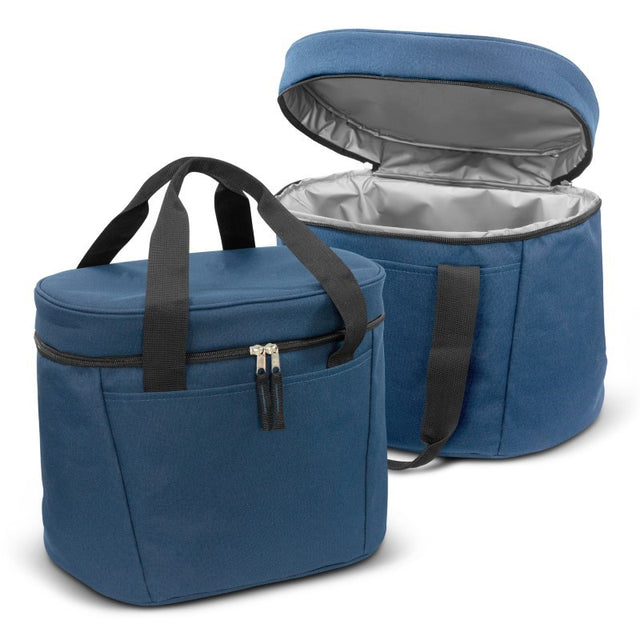 Navy cooler bag with 20L capacity, durable 600D polyester, PE foam insulation, zippered closure, and woven handles for easy transport.