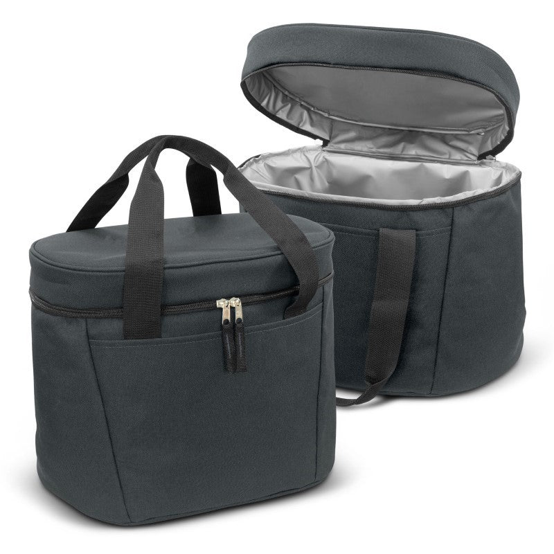 Spacious 20L charcoal cooler bag with durable polyester, PE foam insulation, and a zippered top for easy access.