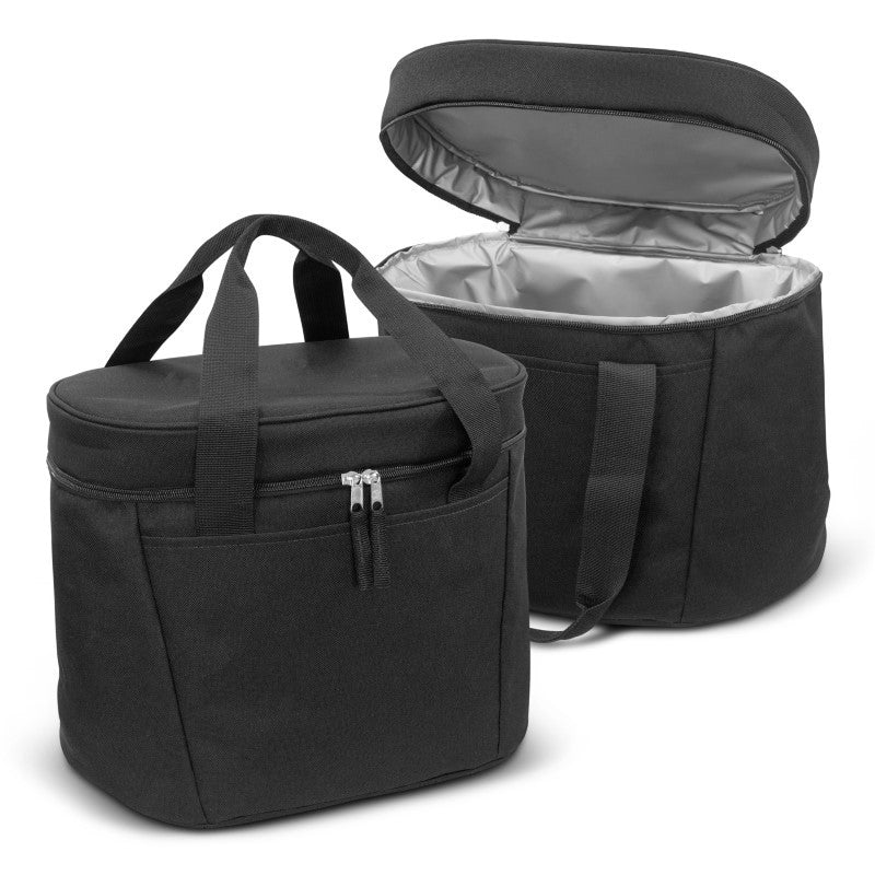 Black 20L cooler bag with PE foam insulation, zippered closure, and woven carry handles for easy transport.