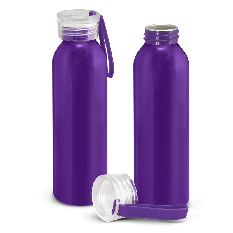 Set of 10 lightweight purple aluminium water bottles, 600ml capacity, with secure screw-on lids and silicone handles.