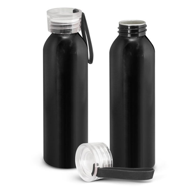 Set of 10 sleek black aluminum 600ml Hydro Bottles with secure lids and silicone handles for eco-friendly hydration.