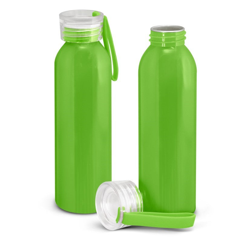 Bright green aluminium hydro bottles set of 10, 600ml, with secure lids and silicone handles for eco-friendly hydration.