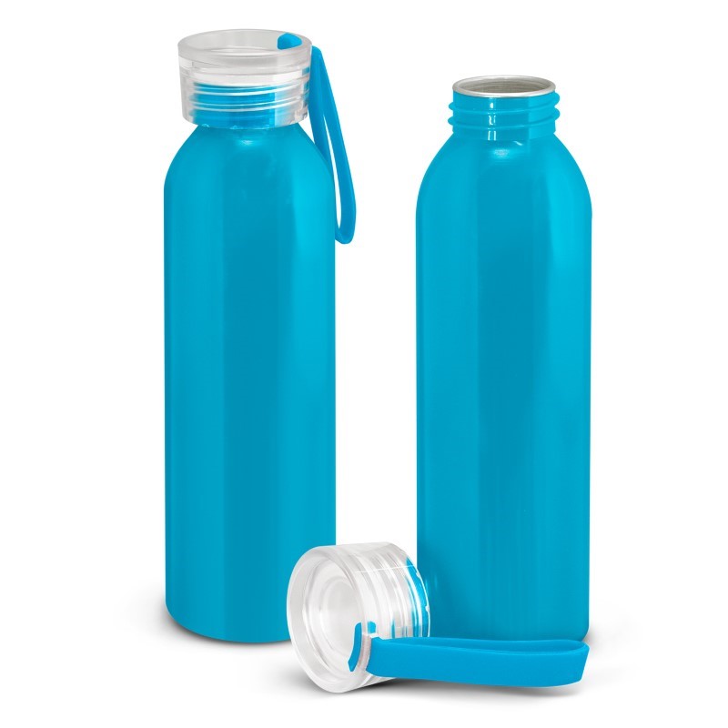 Set of 10 light blue aluminum Hydro Bottles, 600ml capacity, featuring a silicone handle and secure screw-on lid.