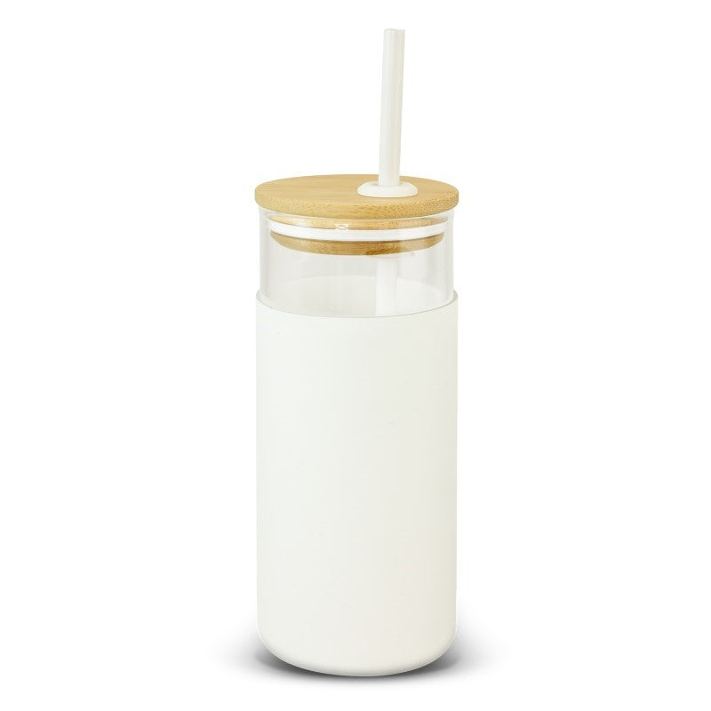 Set of 5 elegant white glass tumblers with bamboo lids, silicone straws, and non-slip sleeves for stylish, spill-free drinks.