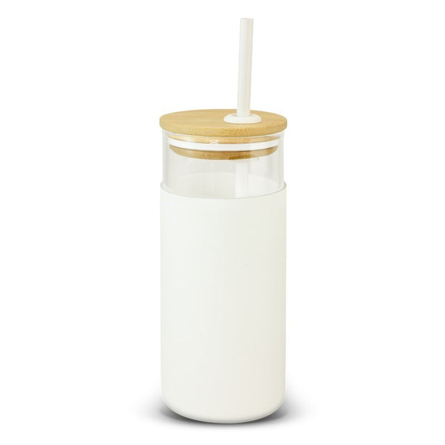 Set of 5 elegant white glass tumblers with bamboo lids, silicone straws, and non-slip sleeves for stylish, spill-free drinks.