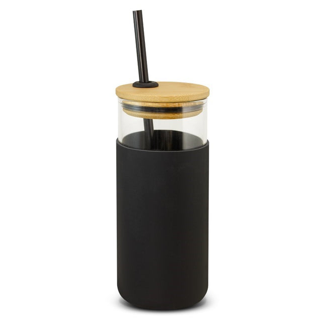Set of 5 stylish 450ml black borosilicate glass tumblers with bamboo lids, silicone straws, and protective sleeves.