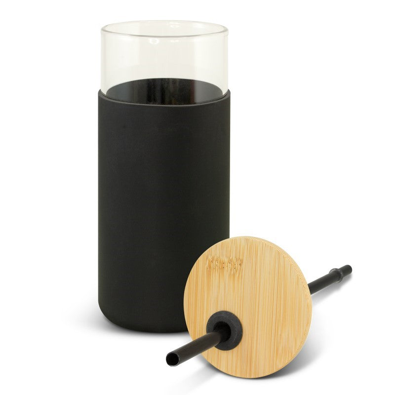 Set of 5 sleek black borosilicate glass tumblers with bamboo lids, silicone straws, and non-slip sleeves for stylish hydration.