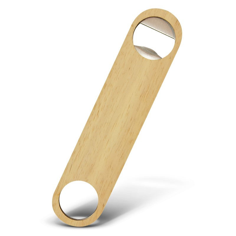 Set of 10 elegant stainless steel bottle openers with eco-friendly natural rubberwood casing for stylish drink enjoyment.
