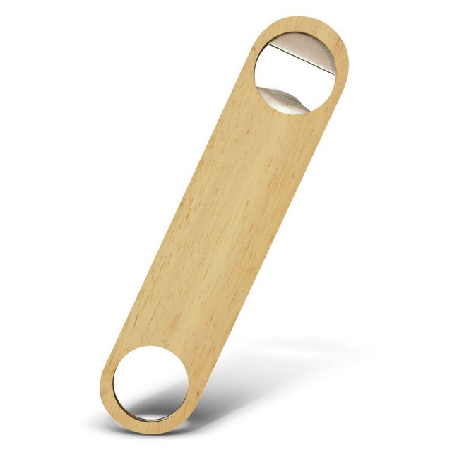 Set of 10 elegant stainless steel bottle openers with eco-friendly natural rubberwood casing for stylish drink enjoyment.