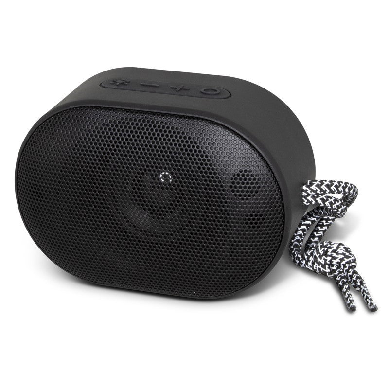 Outdoor Bluetooth speaker in black, featuring 7W sound, water resistance, ambient light settings, and built-in microphone.