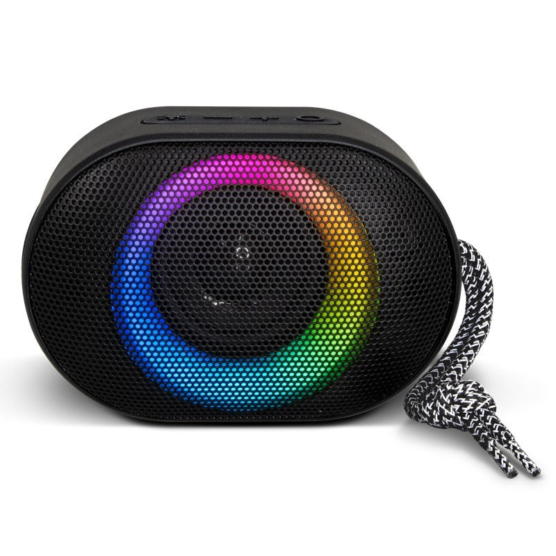 Outdoor black Bluetooth speaker with 7W sound, water-resistant design, ambient lights, and a woven carry handle for adventure.