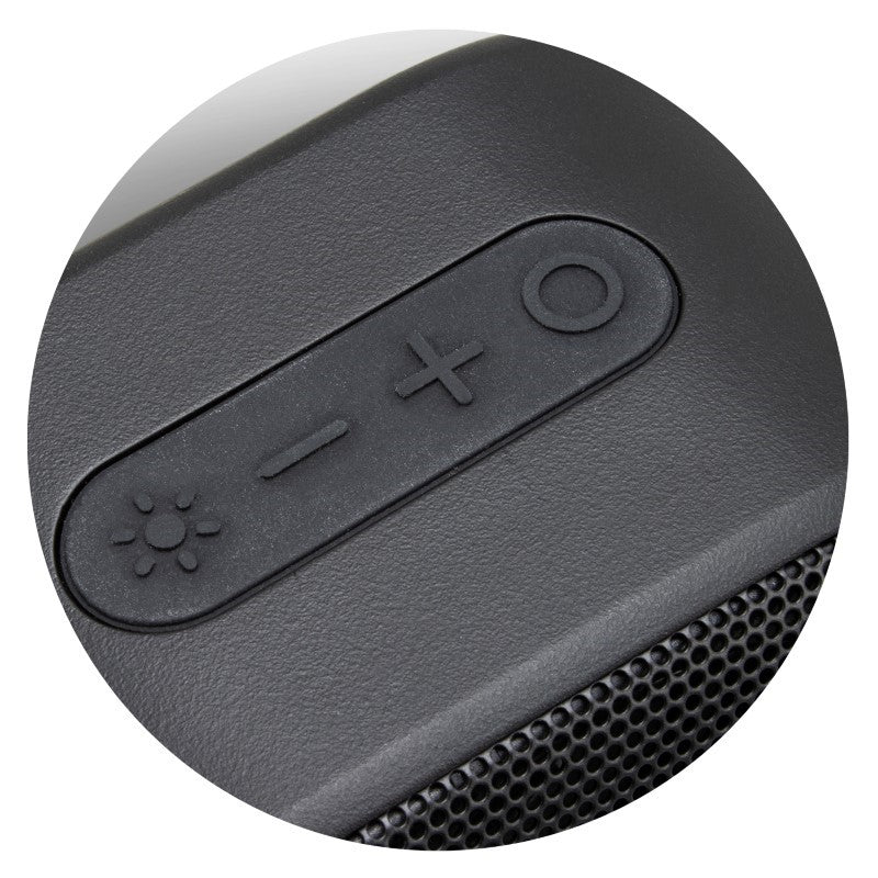 Outdoor Bluetooth speaker in black with water-resistant design, 7W power, ambient lights, and built-in microphone for calls.