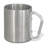 Set of 10 silver coffee mugs with carabiner handles, lightweight stainless steel, perfect for outdoor adventures.