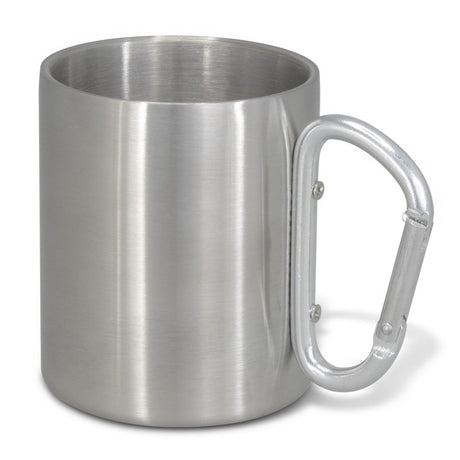 Set of 10 silver coffee mugs with carabiner handles, lightweight stainless steel, perfect for outdoor adventures.