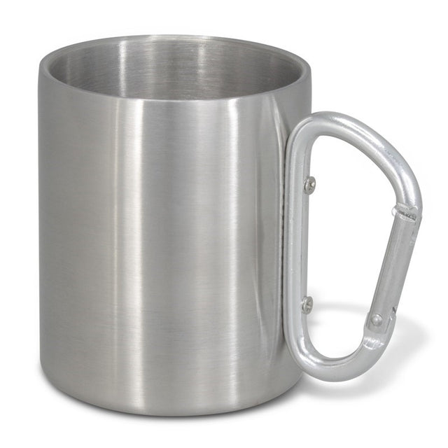 Set of 10 silver coffee mugs with carabiner handles, lightweight stainless steel, perfect for outdoor adventures.