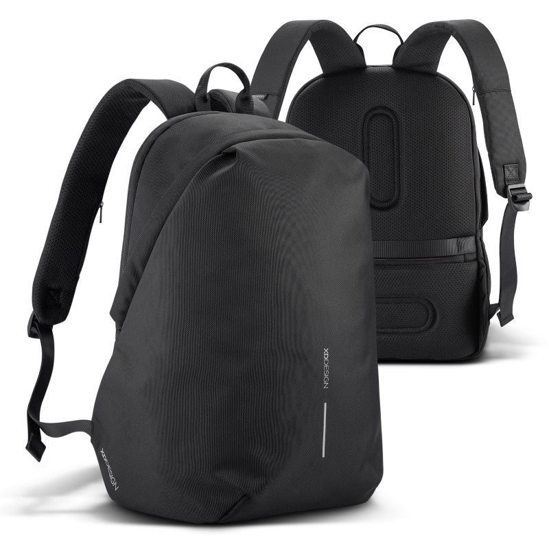 Anti-theft black backpack with RFID protection, padded laptop sleeve, USB port, and eco-friendly RPET materials.