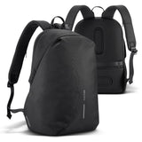 Anti-theft black backpack with RFID protection, padded laptop sleeve, USB port, and eco-friendly RPET materials.