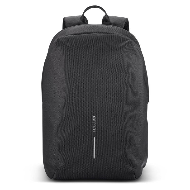 Stylish black Bobby 24L Soft Backpack with anti-theft design, laptop pocket, and USB charging port, made from recycled materials.