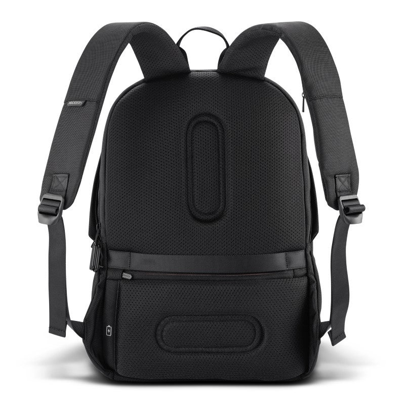 Sleek black Bobby 24L backpack featuring anti-theft design, USB port, padded laptop sleeve, and eco-friendly materials.