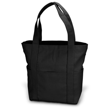 Stylish black canvas tote bag with 20L capacity, zip closure, and multiple pockets for versatile everyday use.
