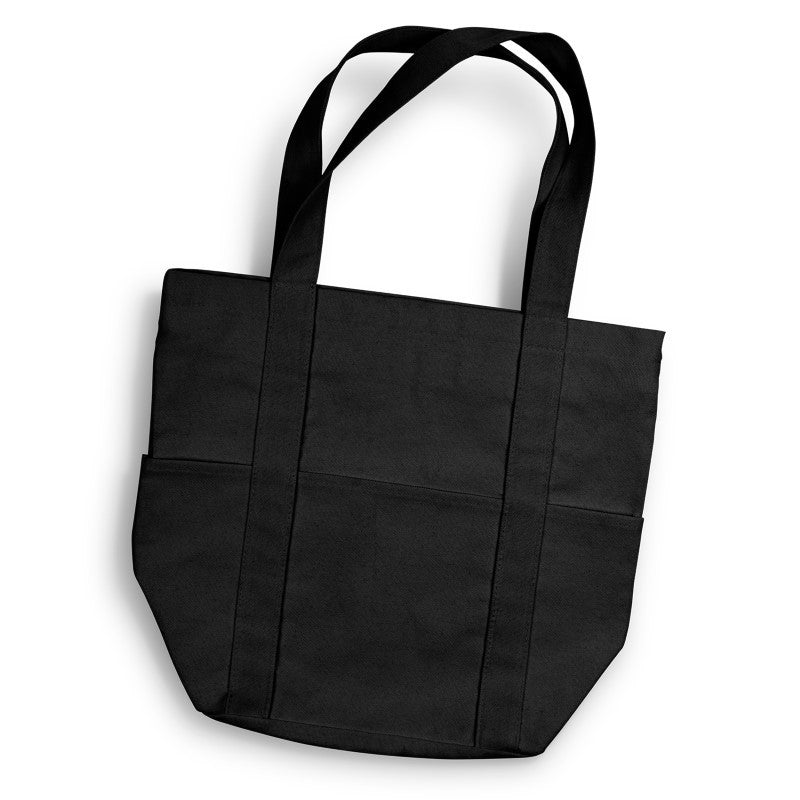 Stylish black canvas tote bag with 20L capacity, zip closure, and multiple pockets for everyday use and organization.