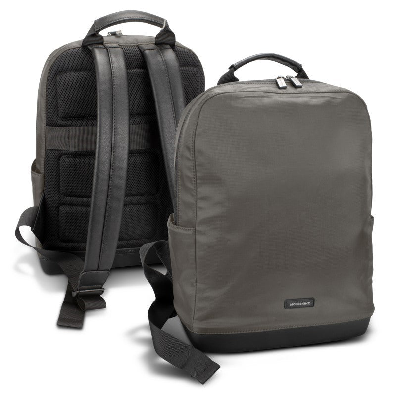 Lightweight grey Moleskine Ripstop backpack with 15L capacity, water-resistant fabric, and padded compartment for tech devices.