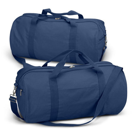 Navy canvas duffle bag with 33L capacity, durable cotton, webbing handles, shoulder strap, and external side pocket.