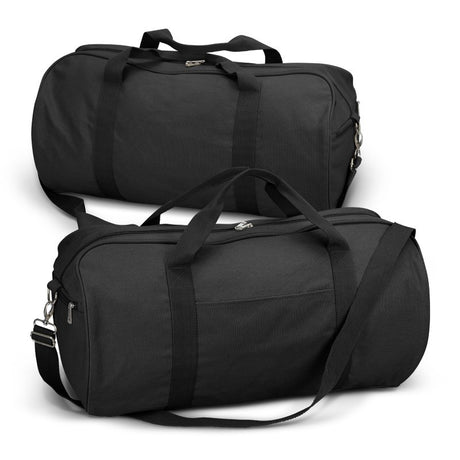 Durable black canvas duffle bag with 33L capacity, webbing handles, padded shoulder strap, and external side pocket.