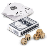 Premium card game set with 10 decks of durable cards and 5 versatile dice, perfect for entertaining gatherings.