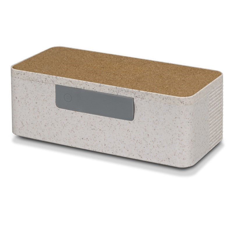 Natural wireless speaker charger featuring eco-friendly materials, Bluetooth 5.0, 5W audio, and compact design for easy charging.