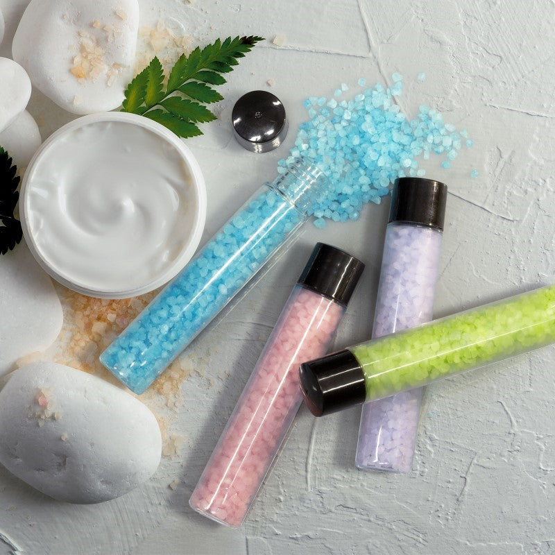 Spa Bath Salt Set with four 30g tubes in a kraft box, featuring rose, tea tree, lavender, and peppermint scents for relaxation.